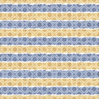 Kusursuz Fransız kırsal mutfak çizgili kumaş deseni. Mavi sarı beyaz yatay çizgili arka plan. Batik Boyası Kaynak Stili Kırsal Örgü Cottagecore Tekstili. 