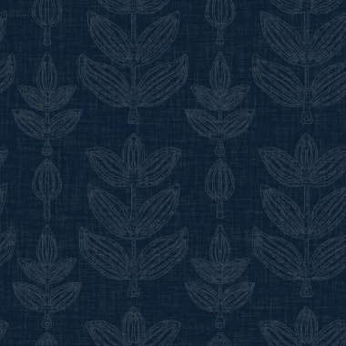 Koyu mavi yaprak boya bloğu deseni. Japon erkeksi boro etkisi kusursuz tekstil arka planı. Ses tonu bozuk wabi sabi nakış stili 