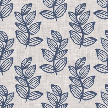 Fransız mavi botanik yaprağı keten desenli ve 2 tonluk kır evi motifli. Basit bir kırsal kumaş tekstil etkisi. İlkel, eski püskü, şık mutfak bezi tasarımı.