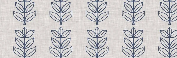 法国蓝色植物叶麻无缝边界与2色调乡村村舍风格的主题 简单复古的乡村织物的纺织品效果 原始的现代时髦厨房服装设计 — 图库照片