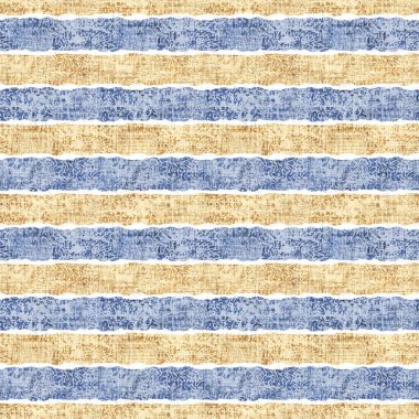 Kusursuz Fransız kırsal mutfak çizgili kumaş deseni. Mavi sarı beyaz yatay çizgili arka plan. Batik Boyası Kaynak Stili Kırsal Örgü Cottagecore Tekstili