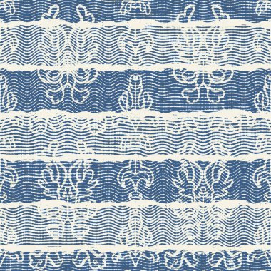 Hassas Fransız dantel efekti. Kusursuz çizgili desen. Süslü Provence tarzı dantelli kır evi dekorasyonu. Kırsal, modern, pejmürde, şık tasarım için keten kumaş duvar kağıdı.