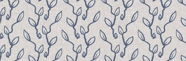 French blue botanical leaf linen seamless border with 2 tone country cottage style motif. Simple vintage rustic fabric textile effect. Primitive modern shabby chic kitchen cloth design
