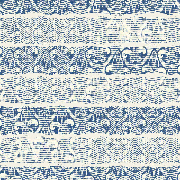 Delicate french lace effect seamless stripe pattern. Ornate provence style lacy ribbon country cottage decor background. Linen fabric wallpaper for rustic modern shabby chic design