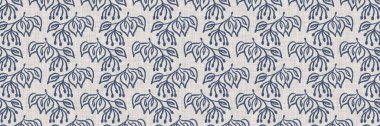Fransız mavi botanik yaprağı, iki tonluk kır evi motifli, dikişsiz sınır. Basit bir kırsal kumaş tekstil etkisi. İlkel, eski püskü, şık mutfak bezi tasarımı.