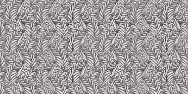 Fransız gri botanik yaprağı, iki tonluk kır evi motifli dikişsiz sınır. Basit bir kırsal kumaş tekstil etkisi. İlkel, eski püskü, şık mutfak bezi tasarımı.