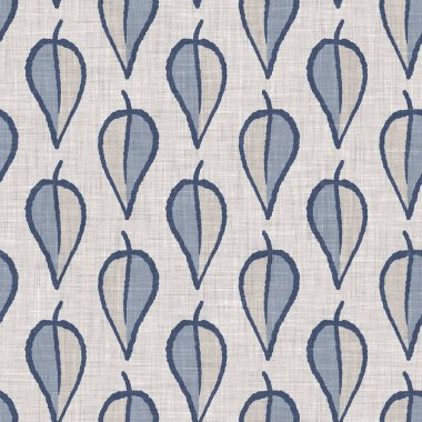 Fransız mavi botanik yaprağı keten desenli ve 2 tonluk kır evi motifli. Basit bir kırsal kumaş tekstil etkisi. İlkel, eski püskü, şık mutfak bezi tasarımı.
