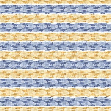 Kusursuz Fransız kırsal mutfak çizgili kumaş deseni. Mavi sarı beyaz yatay çizgili arka plan. Batik Boyası Kaynak Stili Kırsal Örgü Cottagecore Tekstili