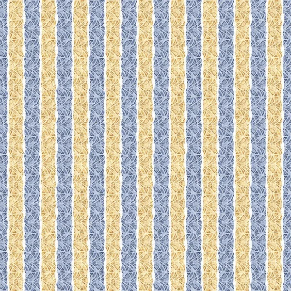 シームレスフランスのカントリーキッチンストライプ生地パターンプリント 青い黄色の縦の縞模様の背景 バティック染料挑発スタイル素朴な織りコテージコア繊維 — ストック写真