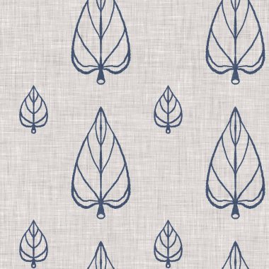 Fransız mavi botanik yaprağı keten desenli ve 2 tonluk kır evi motifli. Basit bir kırsal kumaş tekstil etkisi. İlkel, eski püskü, şık mutfak bezi tasarımı.