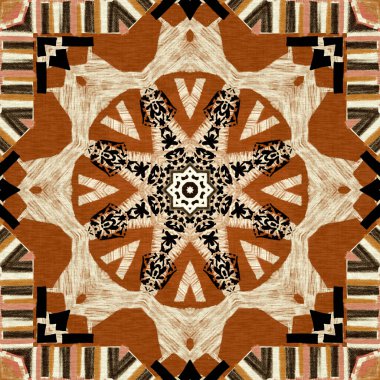 Kahverengi safari hayvan desenli yama kusursuz desen. Kahverengi kumaş efektli doğal yorgan ve damask stili. Modern kabile soyut Afrika sanat geçmişi.