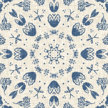 Fransız mavisi Fransız çiçekli kumaş desenli eski püskü ev dekorasyonu. Kırsal çiftlik evi, kır evi, çiçekli keten, pürüzsüz arka plan. Yama işi yorgan efekti motifi fayans