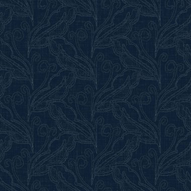 Koyu mavi yaprak boya bloğu deseni. Japon erkeksi boro etkisi kusursuz tekstil arka planı. Ses tonu bozuk wabi sabi nakış stili.