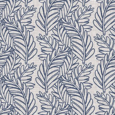 Fransız mavi botanik yaprağı keten desenli ve 2 tonluk kır evi motifli. Basit bir kırsal kumaş tekstil etkisi. İlkel, eski püskü, şık mutfak bezi tasarımı.