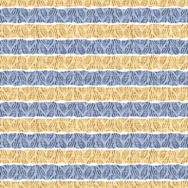 Kusursuz Fransız kırsal mutfak çizgili kumaş deseni. Mavi sarı beyaz yatay çizgili arka plan. Batik Boyası Kaynak Stili Kırsal Örgü Cottagecore Tekstili