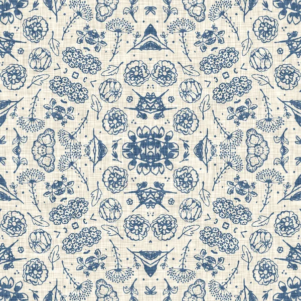 シャビーシックな家庭の装飾スタイルのためのフランスの青い花のフランス語のプリント生地パターン 素朴な農家カントリーコテージ花リネンシームレスな背景 パッチワークキルト効果モチーフタイル — ストック写真