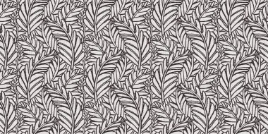 Fransız gri botanik yaprağı, iki tonluk kır evi motifli dikişsiz sınır. Basit bir kırsal kumaş tekstil etkisi. İlkel, eski püskü, şık mutfak bezi tasarımı.