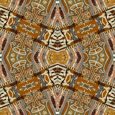 Kahverengi safari hayvan desenli yama kusursuz desen. Kahverengi kumaş efektli doğal yorgan ve damask stili. Modern kabile soyut Afrika sanat geçmişi.