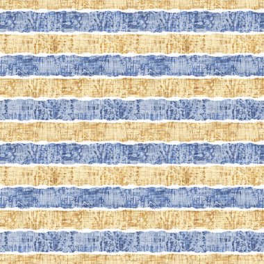 Kusursuz Fransız kırsal mutfak çizgili kumaş deseni. Mavi sarı beyaz yatay çizgili arka plan. Batik Boyası Kaynak Stili Kırsal Örgü Cottagecore Tekstili