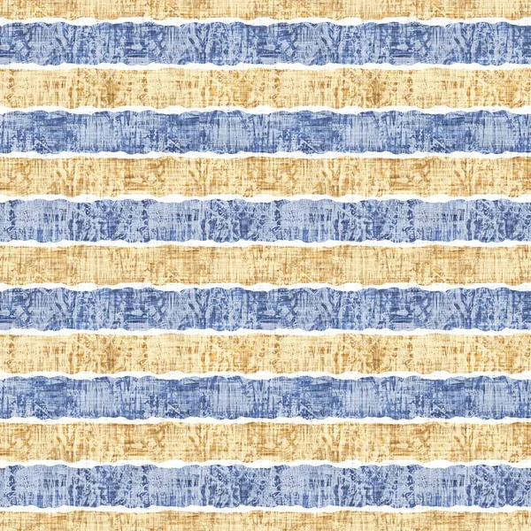 シームレスフランスのカントリーキッチンストライプ生地パターンプリント 青黄色の白の水平ストライプの背景 バティック染料挑発スタイル素朴な織りコテージコア繊維 — ストック写真