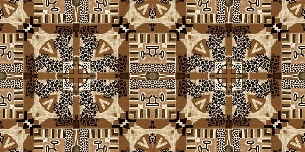 Brown safari animal print patchwork seamless border pattern. Natural quilt clash damask style in brown printed fabric ribbon trim. Modern tribal abstract africa inspired edging background.