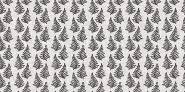 Fransız gri botanik yaprağı, iki tonluk kır evi motifli dikişsiz sınır. Basit bir kırsal kumaş tekstil etkisi. İlkel, eski püskü, şık mutfak bezi tasarımı.