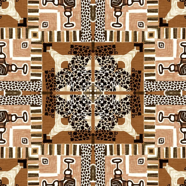 棕色狩猎动物斑纹无缝图案 天然棉被在棕色印花面料效果中与花缎风格相抵触 现代部落抽象非洲风格的工艺背景 — 图库照片