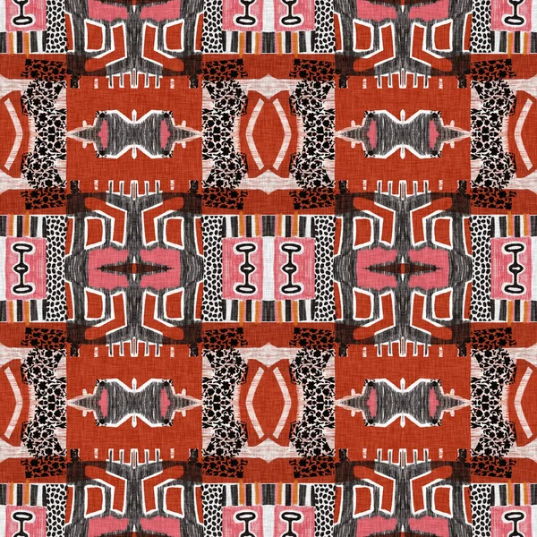 Brown safari animal print patchwork stripe seamless pattern. Natural quilt clash style in brown printed fabric effect. Modern ethnic tribal abstract africa inspired linear patched background.