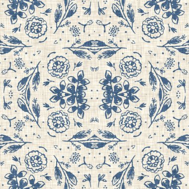 Fransız mavisi Fransız çiçekli kumaş desenli eski püskü ev dekorasyonu. Kırsal çiftlik evi, kır evi, çiçekli keten, pürüzsüz arka plan. Yama işi yorgan efekti motifi fayans