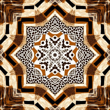 Kahverengi safari hayvan desenli yama kusursuz desen. Kahverengi kumaş efektli doğal yorgan ve damask stili. Modern kabile soyut Afrika sanat geçmişi.