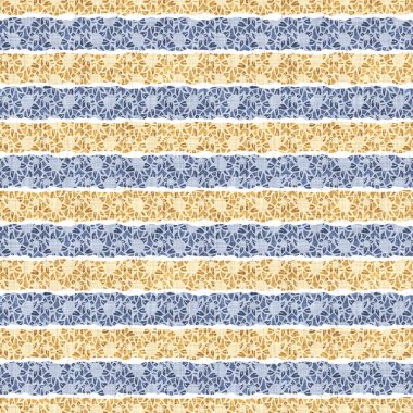 Kusursuz Fransız kırsal mutfak çizgili kumaş deseni. Mavi sarı beyaz yatay çizgili arka plan. Batik Boyası Kaynak Stili Kırsal Örgü Cottagecore Tekstili