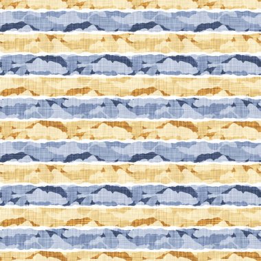 Kusursuz Fransız kırsal mutfak çizgili kumaş deseni. Mavi sarı beyaz yatay çizgili arka plan. Batik Boyası Kaynak Stili Kırsal Örgü Cottagecore Tekstili