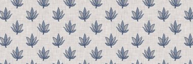 Fransız mavi botanik yaprağı, iki tonluk kır evi motifli, dikişsiz sınır. Basit bir kırsal kumaş tekstil etkisi. İlkel, eski püskü, şık mutfak bezi tasarımı.