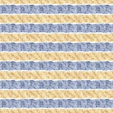 Kusursuz Fransız kırsal mutfak çizgili kumaş deseni. Mavi sarı beyaz yatay çizgili arka plan. Batik Boyası Kaynak Stili Kırsal Örgü Cottagecore Tekstili