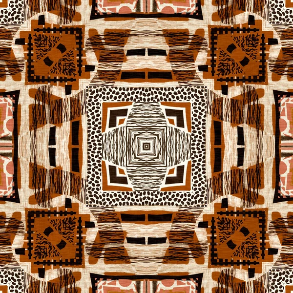 Brown safari animal print patchwork seamless pattern. Natural quilt clash damask style in brown printed fabric effect. Modern tribal abstract africa inspired craft background.