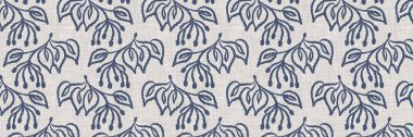 Fransız mavi botanik yaprağı, iki tonluk kır evi motifli, dikişsiz sınır. Basit bir kırsal kumaş tekstil etkisi. İlkel, eski püskü, şık mutfak bezi tasarımı.