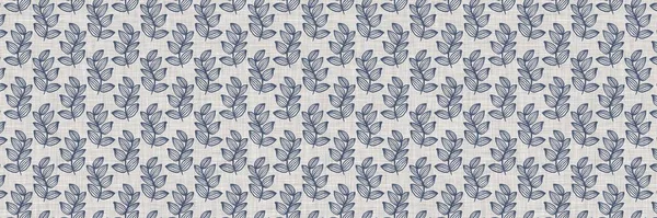 French blue botanical leaf linen seamless border with 2 tone country cottage style motif. Simple vintage rustic fabric textile effect. Primitive modern shabby chic kitchen cloth design