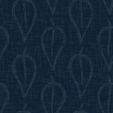 Koyu mavi yaprak boya bloğu deseni. Japon erkeksi boro etkisi kusursuz tekstil arka planı. Ses tonu bozuk wabi sabi nakış stili.