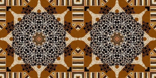 Brown safari animal print patchwork seamless border pattern. Natural quilt clash damask style in brown printed fabric ribbon trim. Modern tribal abstract africa inspired edging background.