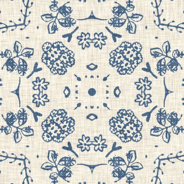 Fransız mavisi Fransız çiçekli kumaş desenli eski püskü ev dekorasyonu. Kırsal çiftlik evi, kır evi, çiçekli keten, pürüzsüz arka plan. Yama işi yorgan efekti motifi fayans