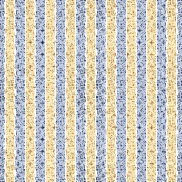 シームレスフランスのカントリーキッチンストライプ生地パターンプリント 青い黄色の縦の縞模様の背景 バティック染料挑発スタイル素朴な織りコテージコア繊維 — ストック写真