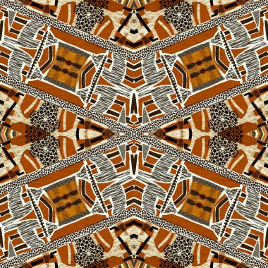 Kahverengi safari hayvan desenli yama kusursuz desen. Kahverengi kumaş efektli doğal yorgan ve damask stili. Modern kabile soyut Afrika sanat geçmişi.