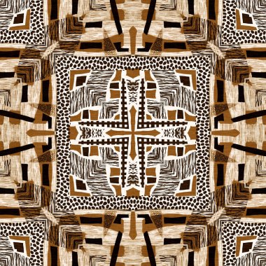 Kahverengi safari hayvan desenli yama kusursuz desen. Kahverengi kumaş efektli doğal yorgan ve damask stili. Modern kabile soyut Afrika sanat geçmişi.
