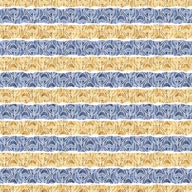 Kusursuz Fransız kırsal mutfak çizgili kumaş deseni. Mavi sarı beyaz yatay çizgili arka plan. Batik Boyası Kaynak Stili Kırsal Örgü Cottagecore Tekstili