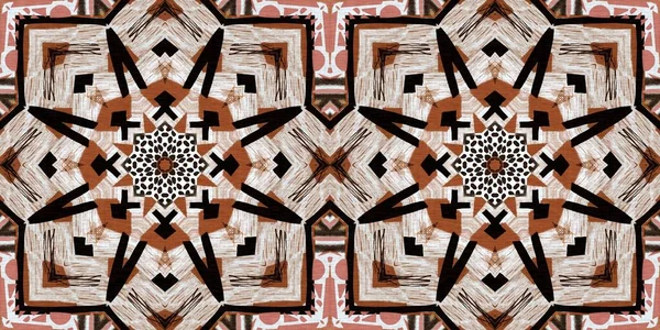 棕色狩猎动物斑纹无缝边界图案 天然棉被与褐色印花布缎带装饰的花缎风格相抵触 现代部落抽象的非洲启发了不断变化的背景 — 图库照片