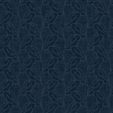 Koyu mavi yaprak boya bloğu deseni. Japon erkeksi boro etkisi kusursuz tekstil arka planı. Ses tonu bozuk wabi sabi nakış stili.