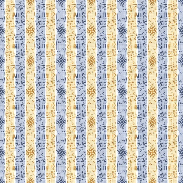Seamless French country kitchen stripe fabric pattern print. Blue yellow white vertical striped background. Batik dye provence style rustic woven cottagecore textile