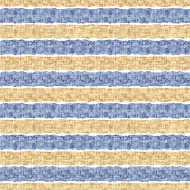 Kusursuz Fransız kırsal mutfak çizgili kumaş deseni. Mavi sarı beyaz yatay çizgili arka plan. Batik Boyası Kaynak Stili Kırsal Örgü Cottagecore Tekstili
