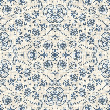 Fransız mavisi Fransız çiçekli kumaş desenli eski püskü ev dekorasyonu. Kırsal çiftlik evi, kır evi, çiçekli keten, pürüzsüz arka plan. Yama işi yorgan efekti motifi fayans