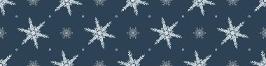 Noel 'de donmuş kar taneleri kusursuz vektör sınırı. Ambalaj kağıdı, Xmas ve soğuk pankart için erkeksi kar grafiği tasarımı. Tatil eli çizilmiş Aralık yıldızı